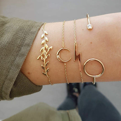 Trendy Gold Silver Crystal Leaf Moon Arrow Cat Bracelet set for Women Geometric Adjustable Bracelet Bangle Pulseiras