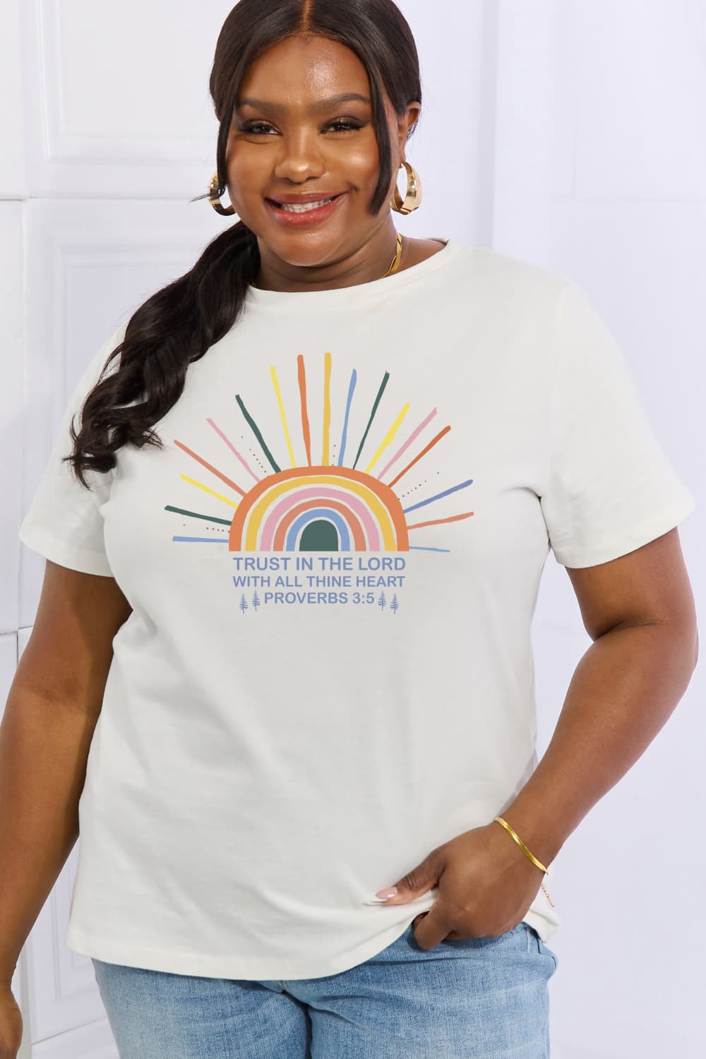 Simply Love Full Size Rainbow Graphic White Cotton Tee