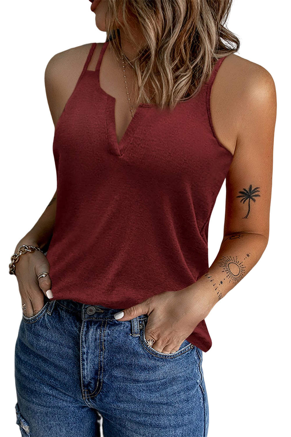Double-Strap Notched White Neck Tank