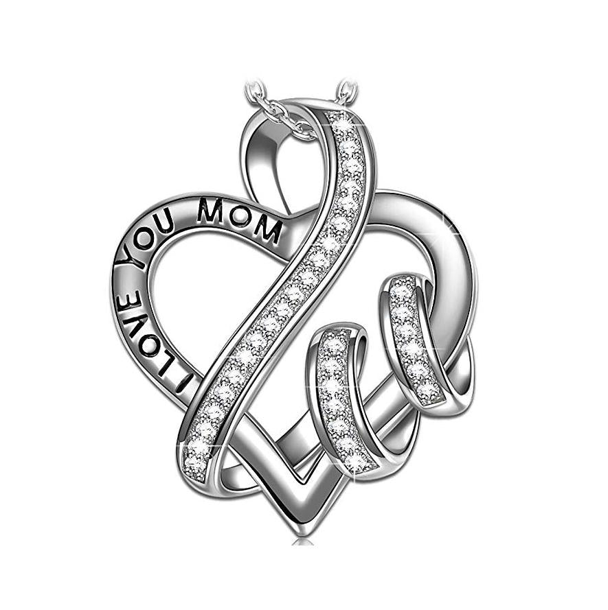 White Elements I Love You Mom Heart Necklace in 14K White Gold Plating