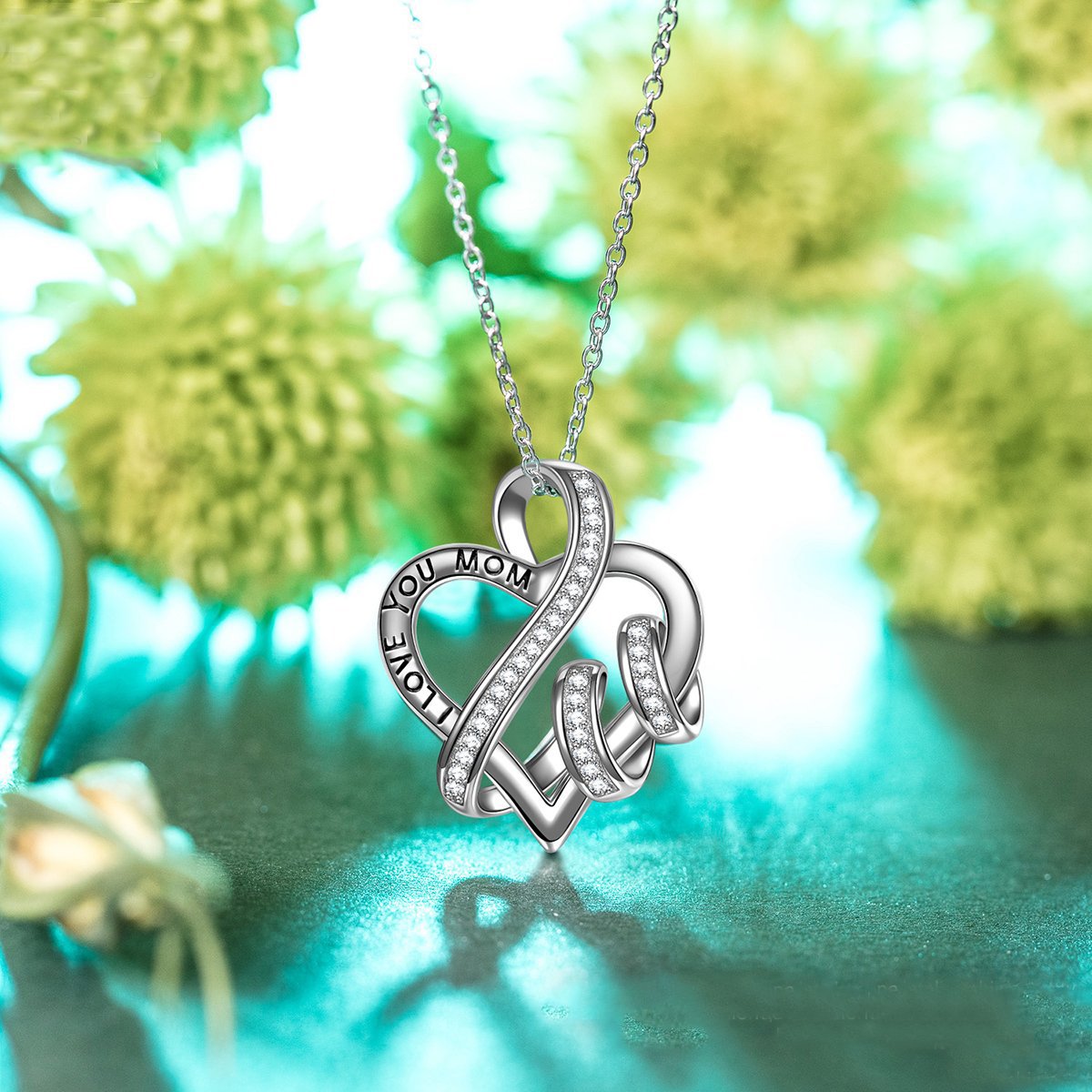 White Elements I Love You Mom Heart Necklace in 14K White Gold Plating