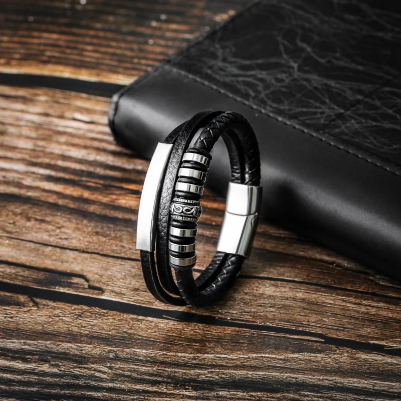 Simple Men's Stainless Steel Leather Braided Bracelet