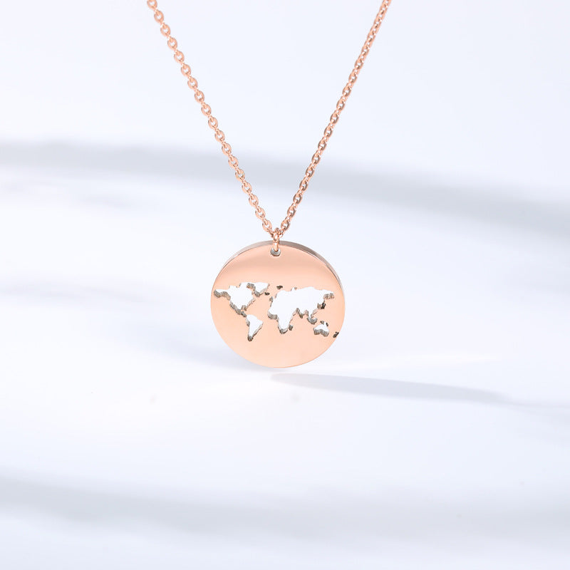 Geometric Round Stainless Steel Minimalist World Map Necklace