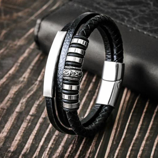Simple Men's Stainless Steel Leather Braided Bracelet