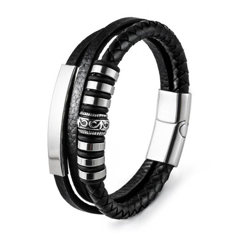 Simple Men's Stainless Steel Leather Braided Bracelet