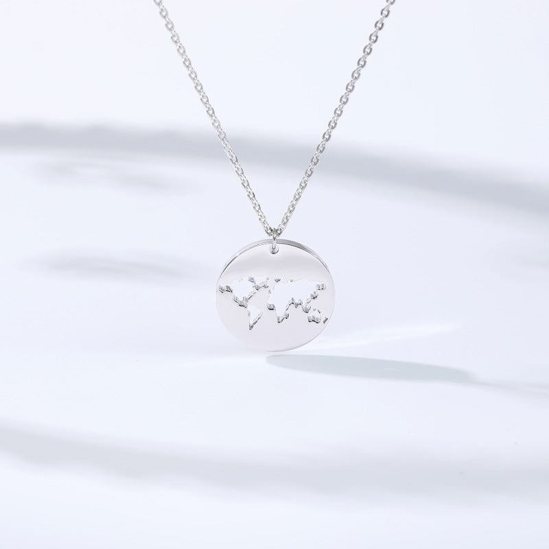 Geometric Round Stainless Steel Minimalist World Map Necklace