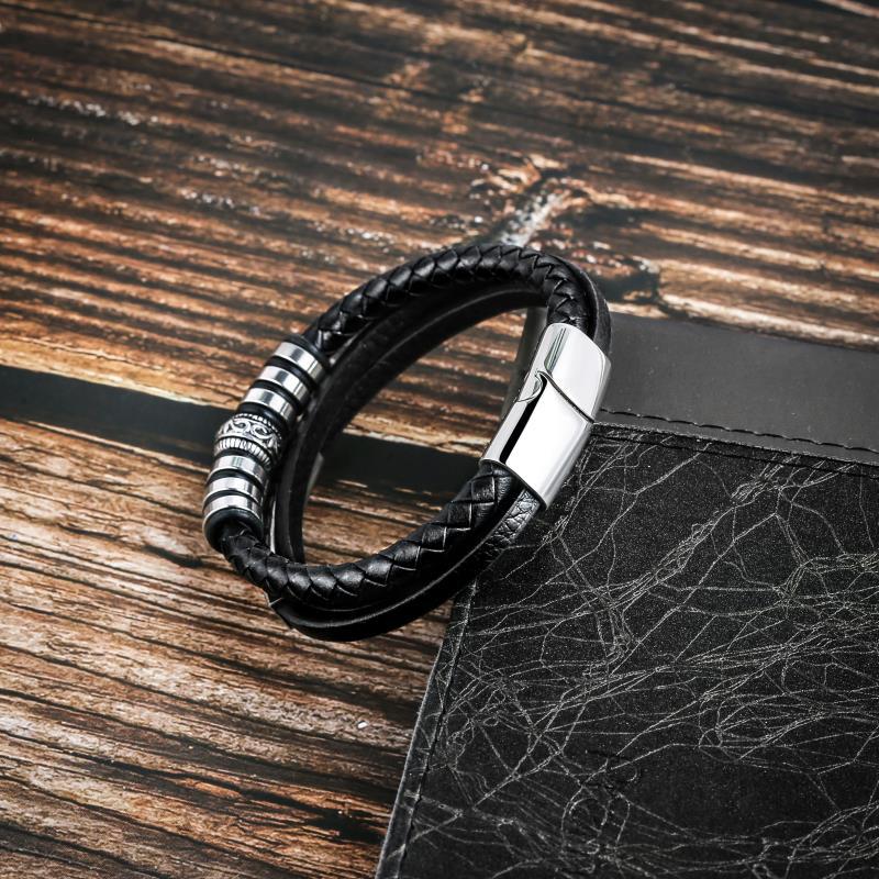 Simple Men's Stainless Steel Leather Braided Bracelet