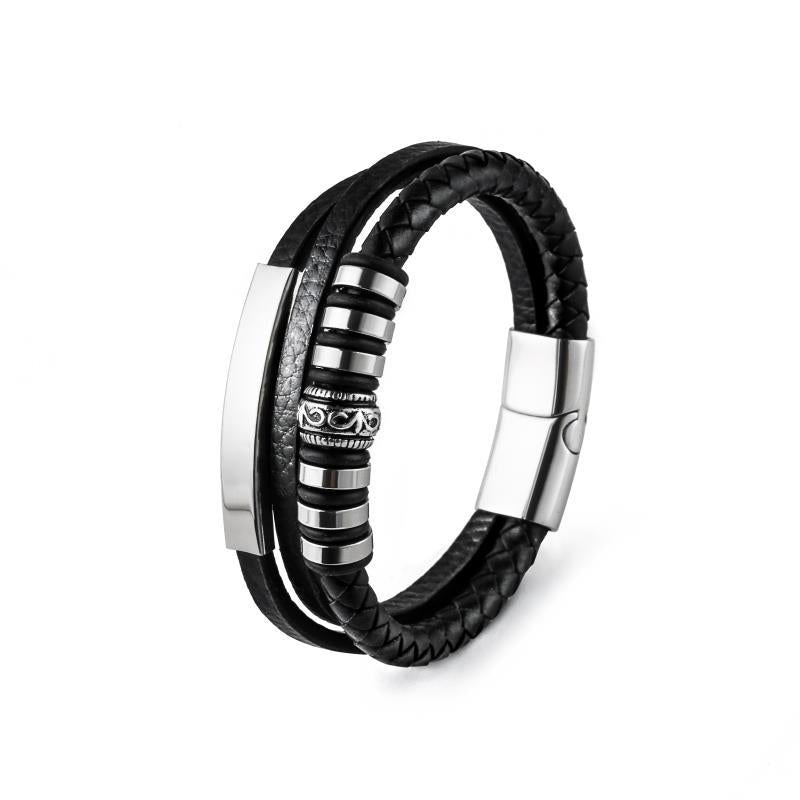 Simple Men's Stainless Steel Leather Braided Bracelet