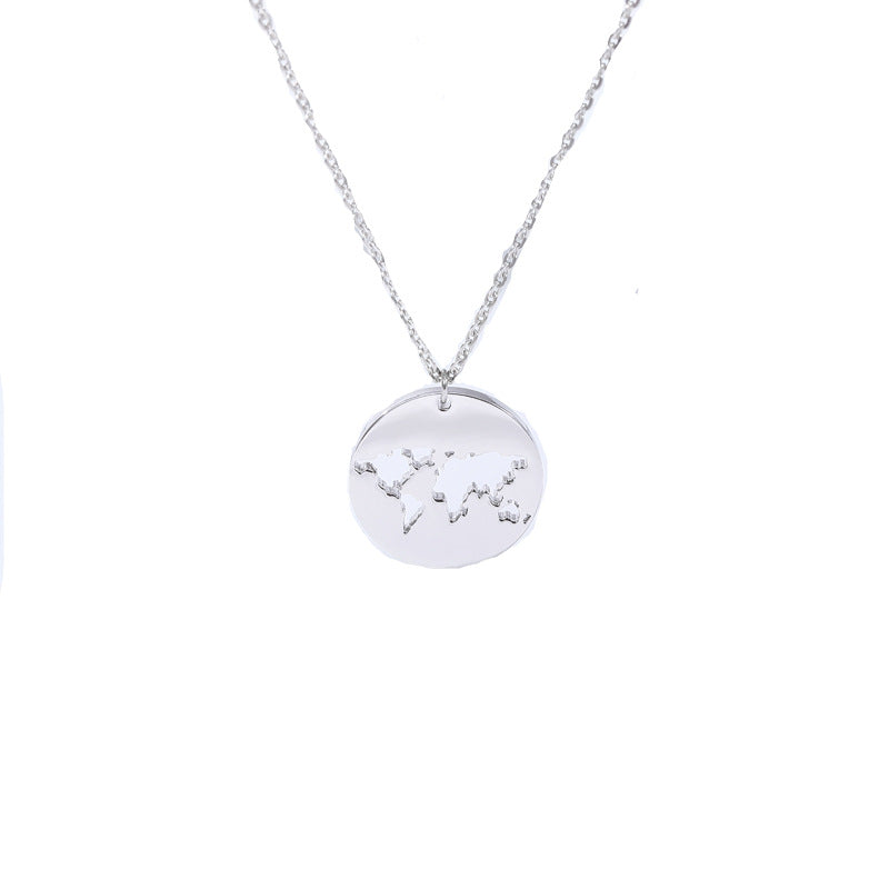 Geometric Round Stainless Steel Minimalist World Map Necklace