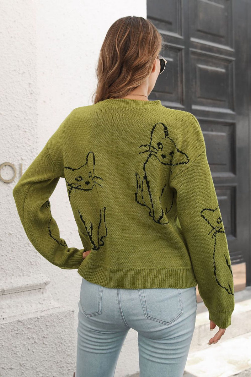 Cat Pattern Round Neck Long Sleeve Pullover Sweater