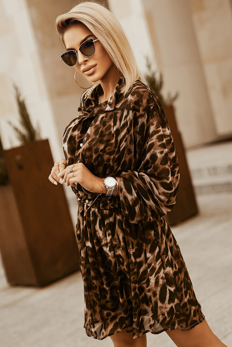 Leopard Buttoned Balloon Sleeve Dress