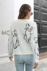 Cat Pattern Round Neck Long Sleeve Pullover Sweater