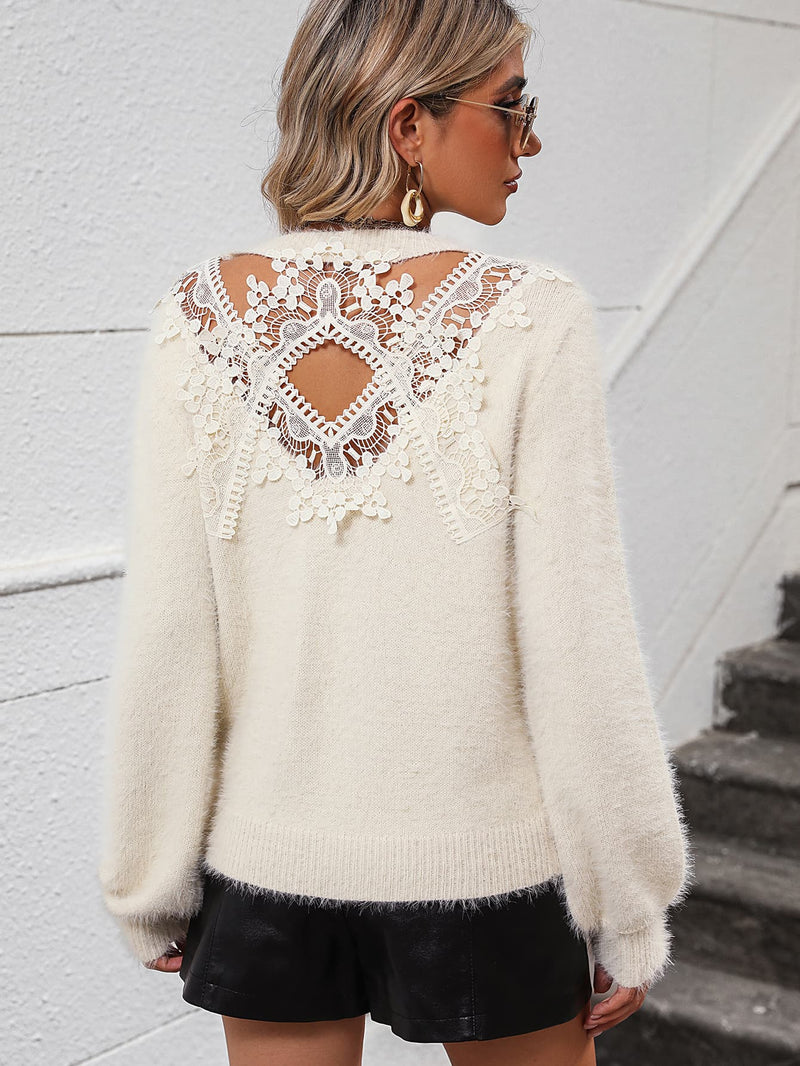 Gorgeous White Lace Detail Cutout Long Sleeve Pullover Sweater