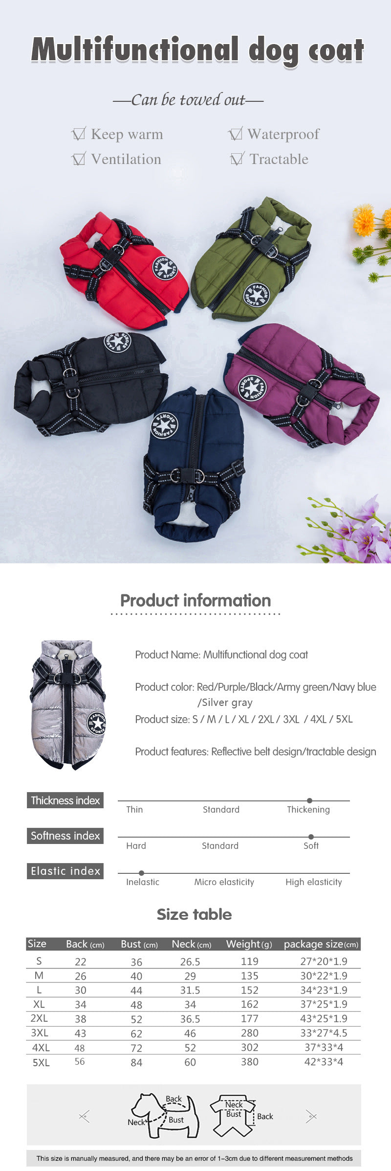 Reflective Large Dog Clothes Cold-proof Warm Pet Coat Waterproof Autumn And Winter Dog Shell Coat