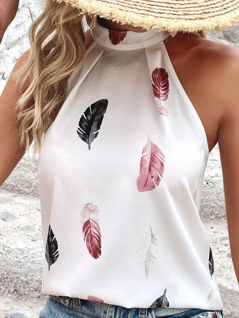 Beautiful Feather Print White Grecian Neck Tank