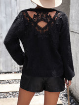 Gorgeous White Lace Detail Cutout Long Sleeve Pullover Sweater