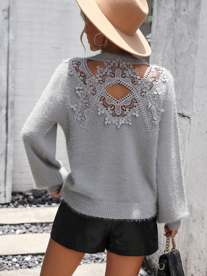 Gorgeous White Lace Detail Cutout Long Sleeve Pullover Sweater